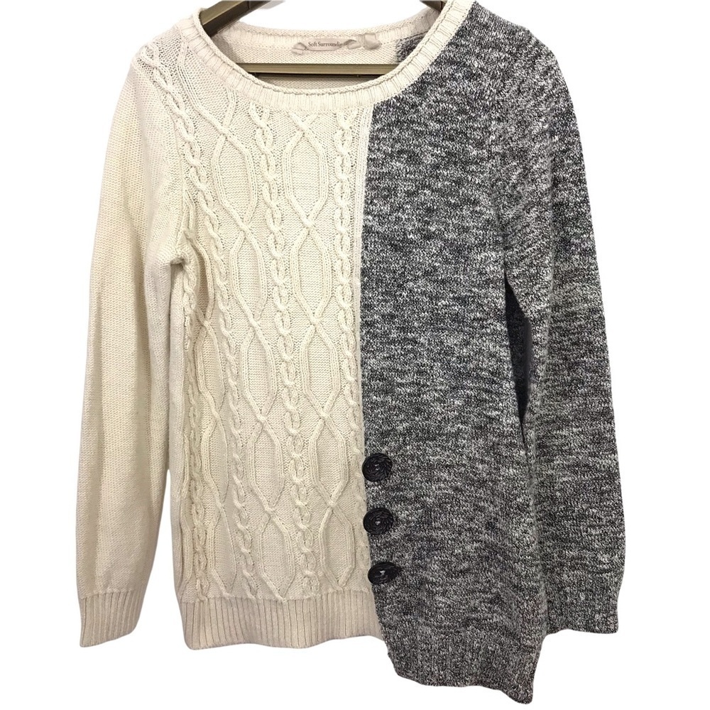Soft Surroundings Sweater Adieu Uneven Hem Two Tone Crew Neck Button Detail
